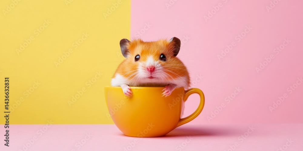 A cute hamster sits in a bright yellow cup. This charming animal photography captures the joyful essence of small pets. Perfect for animal lovers and fun designs. AI