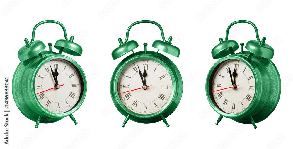 set collection retro clock, watch, pointer clock, Green color alarm clock on isolated white background close up