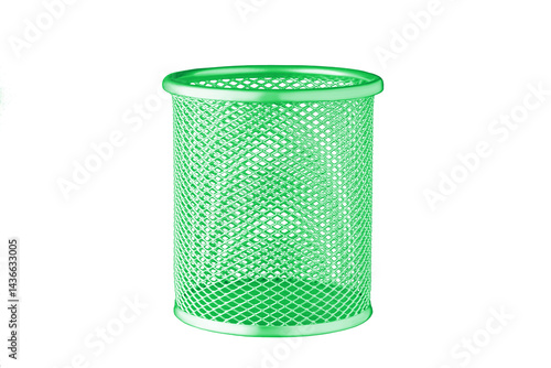 metallic Glass of green color for stationery, pencils, pens, scissors, ruler, on an isolated white background close up
