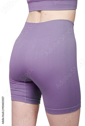 Obraz na płótnie Detailed view of grey ribbed high-waisted shorts on a woman's lower body. The ribbed knit texture and high-waisted design are clearly visible. w salonie