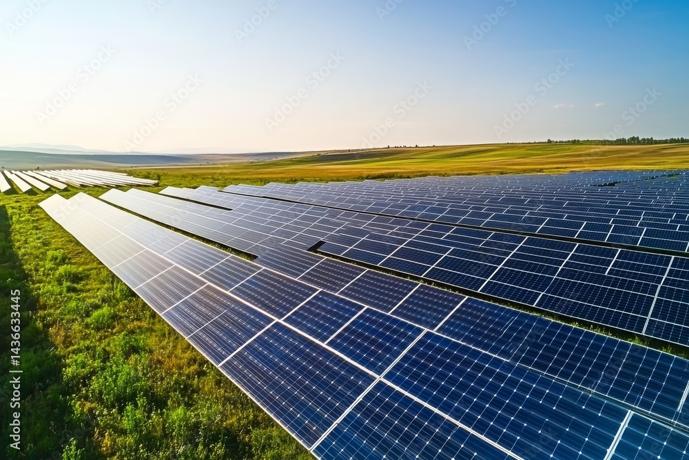 A vast landscape of solar panels capturing sunlight. This image showcases renewable energy in a stunning and open field. Perfect for illustrating sustainability and technology. AI