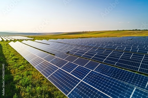 Obraz na płótnie A vast landscape of solar panels capturing sunlight. This image showcases renewable energy in a stunning and open field. Perfect for illustrating sustainability and technology. AI w salonie