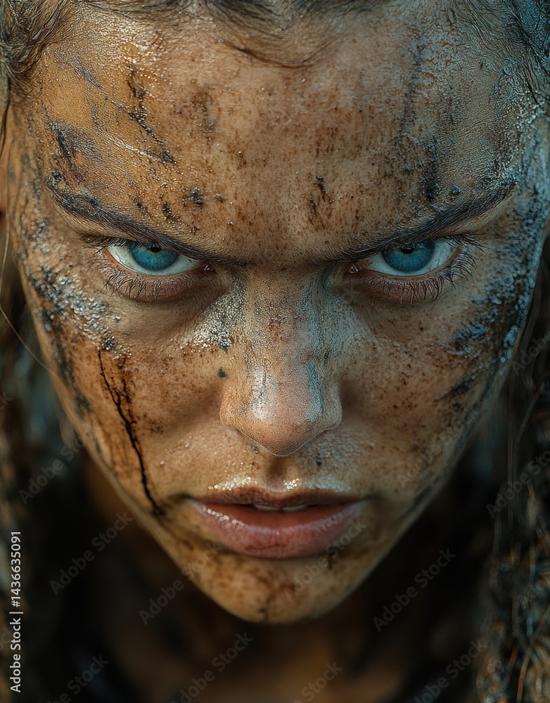 Fototapeta premium Mud-Covered Warrior Intense Stare Strength Determination