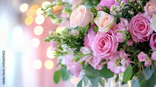 Pink and white roses with green leaves in soft pastel tones. Romantic bouquet for weddings and celebrations. Delicate colors with light bokeh in background.