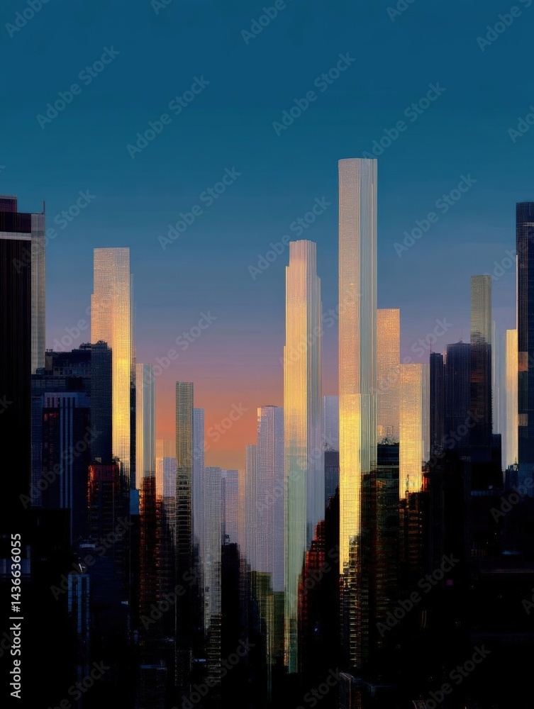 Fototapeta premium Photograph of a city skyline at sunset. the sky is a beautiful shade of blue and orange, with the sun setting in the background.