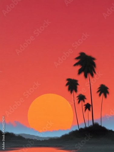 Digital illustration of a beautiful sunset. the sky is a gradient of red and orange, with the sun partially visible in the background.