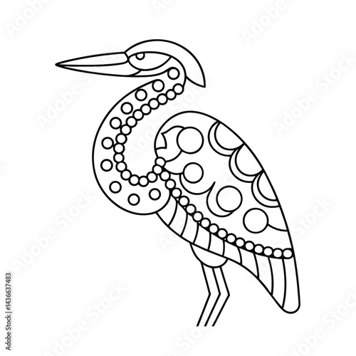 Elegant heron line art with circular patterns bird illustration simple design for coloring pages