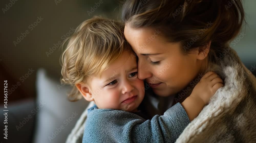 Mother Comforts Crying Toddler in a Cozy Living Room Scene Mother Comforts Crying Toddler in a Cozy Living Room Scene