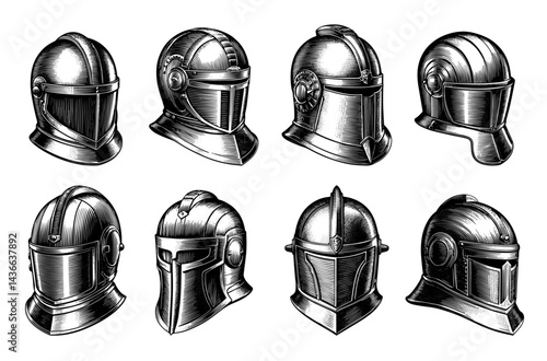 Medieval Helmet Illustrations set in Classic Woodcut Style, Black and White Vintage Etching Illustration