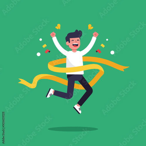 Happy man crossing finish line celebrating victory in running competition with green background and yellow ribbon 