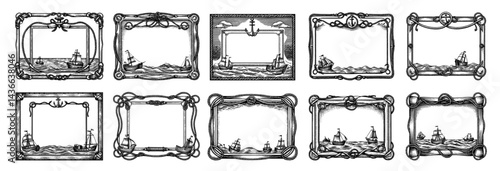 Ornate nautical frames with sailing ships and rope details in black and white vintage maritime decor