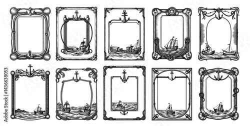 Nautical-themed frames with ships and anchors in vintage black and white engraving style