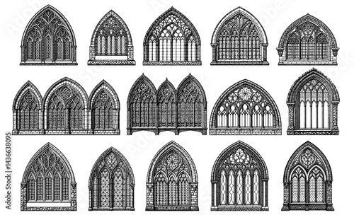 Gothic-style arched windows set with intricate tracery in black and white