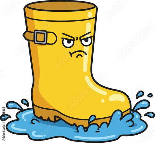 Yellow rain boot with angry face splash in water vector illustration for kids and weather designs 