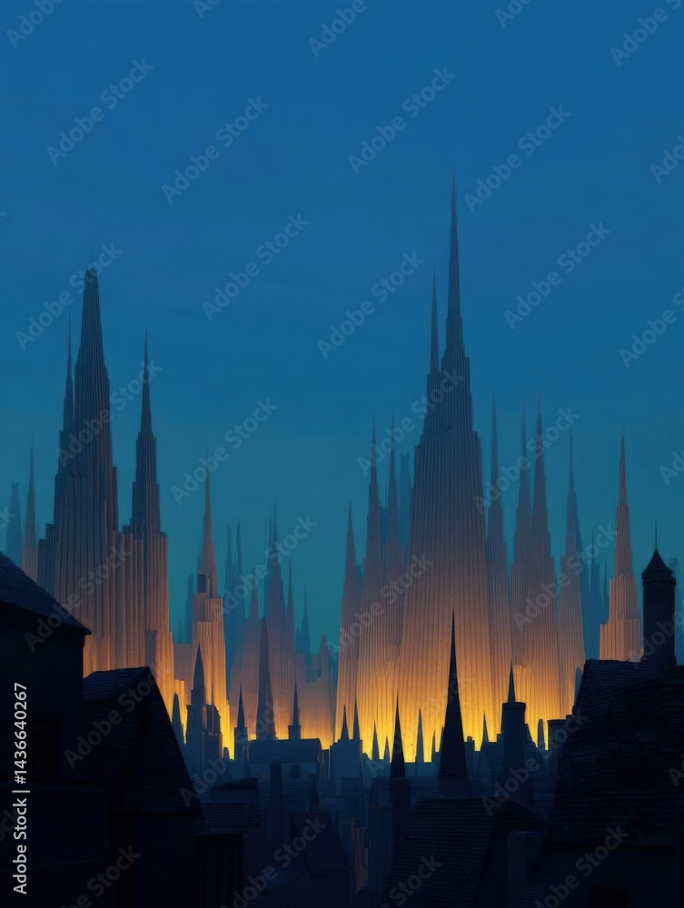 Fototapeta premium Digital illustration of a city skyline at sunset. the sky is a deep blue color and the buildings are silhouetted against it.