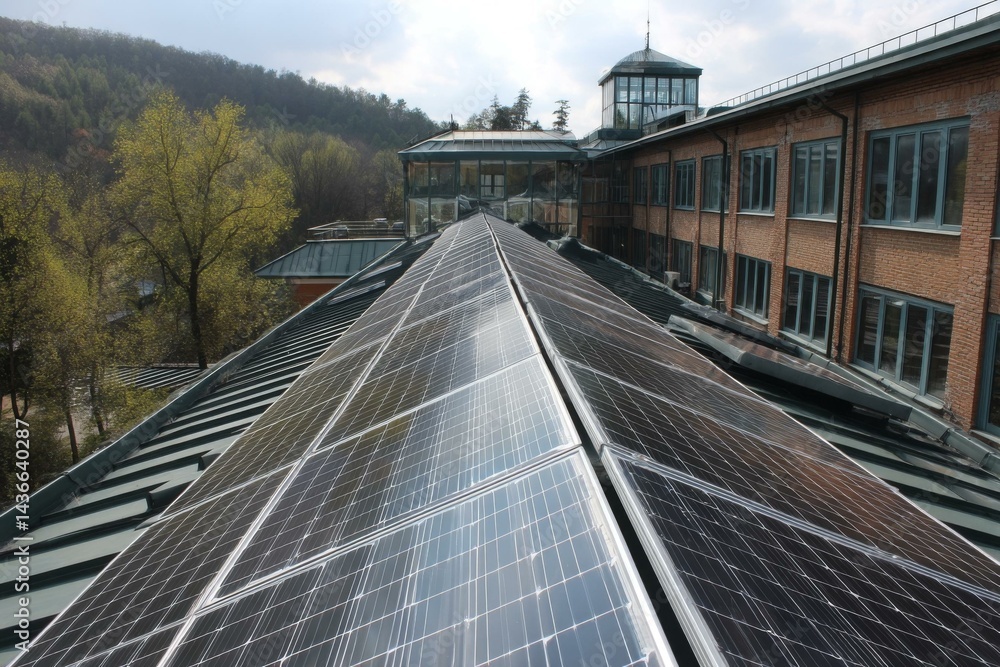 Fototapeta premium Solar Panels on Building Roof for Sustainable Energy Production, Clean Power Generation and Environmental Responsibility