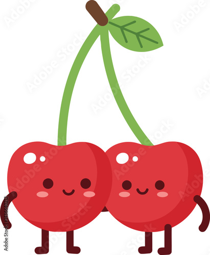 Cute cartoon cherries with smiling faces and green leaf vector illustration in kawaii style 
