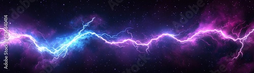 Electric Blue and Vivid Purple Lightning Streaks Through a Starry Cosmic Space Galaxy Nebula Background