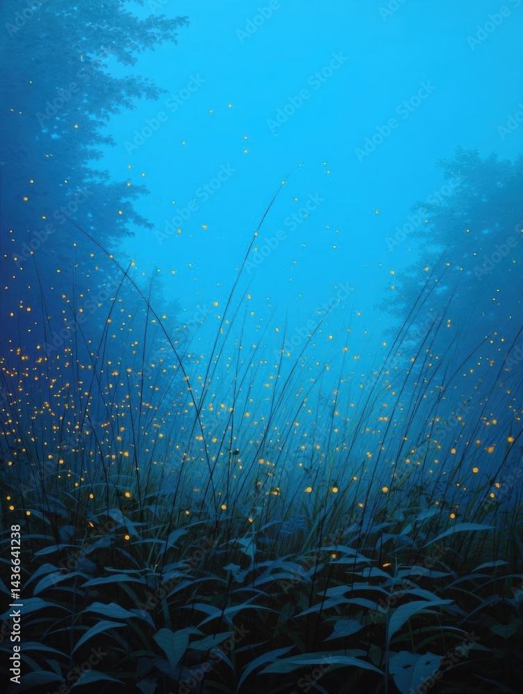 Naklejka premium Digital illustration of a forest scene. the background is a deep blue color, and the foreground is filled with tall grasses and plants.