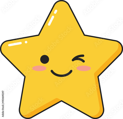 Cute yellow smiling star winking face cartoon vector illustration with pink cheeks and shiny accents 