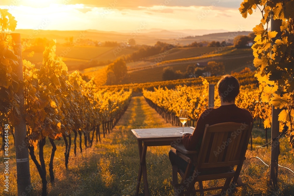 A serene evening in a vineyard. A person sits quietly at a wooden table. The sun sets over the rolling hills, casting a warm glow. Perfect for relaxation and inspiration. AI