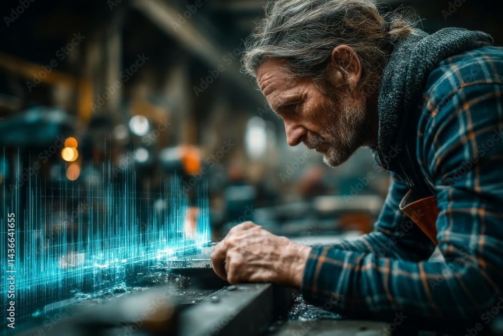 Mature worker intensely focuses on machining metal with advanced technology projecting from workbench in shop Mature worker intensely focuses on machining metal with advanced technology projecting from workbench in shop