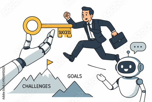 Futuristic business concept vector illustration showing AI robotic hand giving key to success to running businessman overcoming challenges towards goals with chatbot support design.