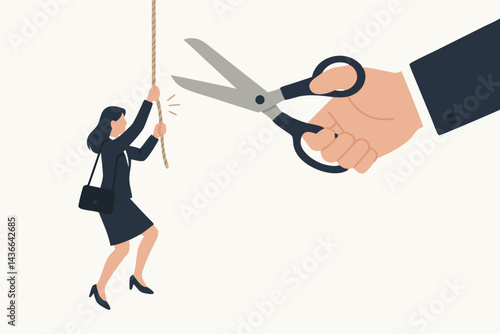 Conceptual vector illustration of workplace betrayal and sabotage, depicting a businesswoman hanging precariously from a rope about to be cut by large scissors symbolizing career risk.