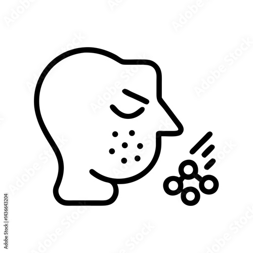 Outline of a person sneezing with closed eyes and spots on face in black and white style drawing. allergy concepts
