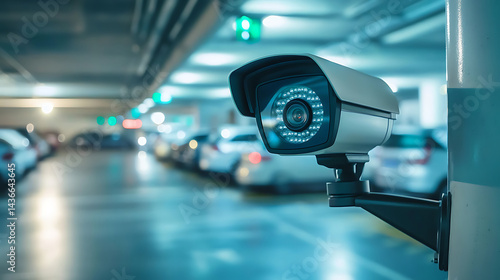 Cctv camera in a parking garage blurred background.