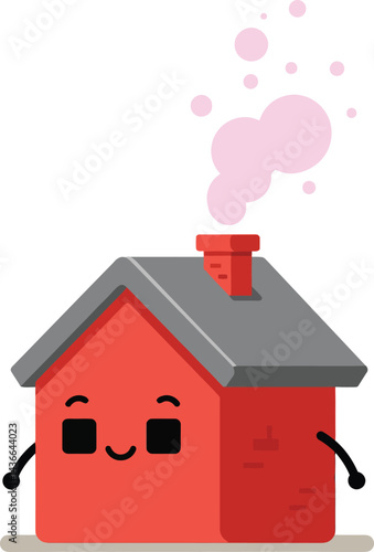 Cute red house with gray roof and pink smoke coming from chimney vector illustration 