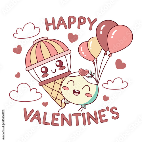 Cute ice cream and hot air balloon characters floating with balloons, happy Valentine's Day