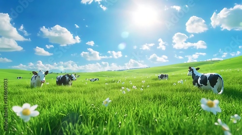 Cows grazing green grassy field photo