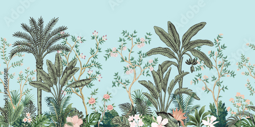 Tropical vintage botanical palm trees, banana tree, floral rose tree, green plants, flower, leaves seamless border blue background. Exotic jungle wallpaper.