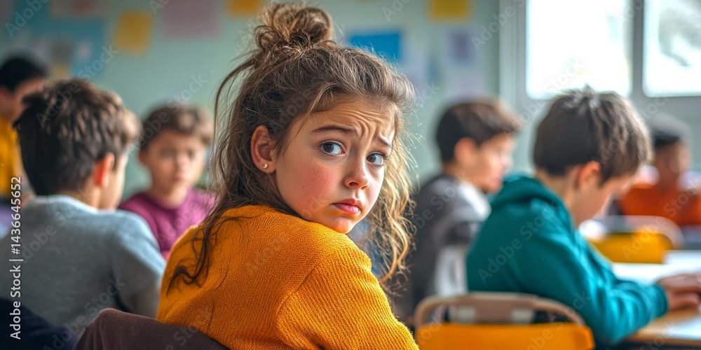 A young girl looks back in a classroom filled with other students. She wears a bright orange sweater and seems curious. The image captures the essence of childhood and learning. AI