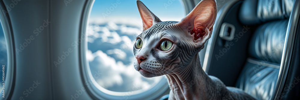 cute Canadian Sphynx cat on the plane near the window