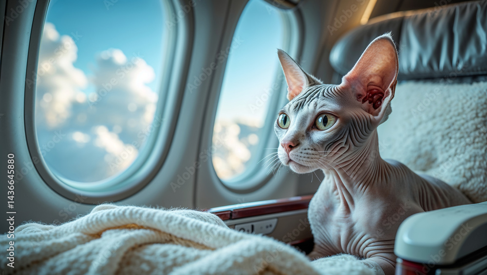 cute Canadian Sphynx cat on the plane near the window