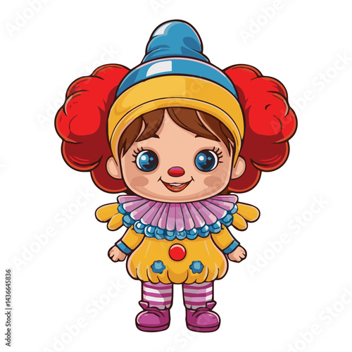 Adorable cartoon girl dressed as a cute circus clown character illustration fun red kid big wig hat blue pink eyes happy