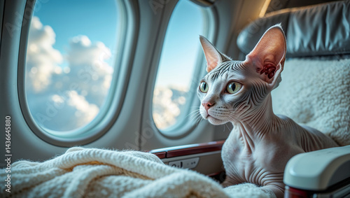 cute Canadian Sphynx cat on the plane near the window
