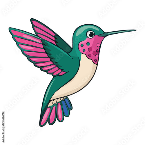 Vibrant green and pink hummingbird in flight artistic illustration cute tiny wings avian fauna small swift vector animal