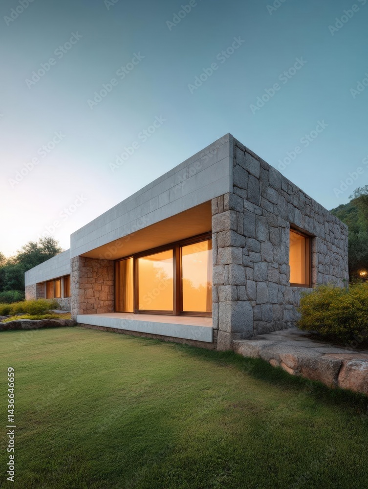 Modern, minimalist house with a unique design. the house is made of gray stone blocks and has a sloping roof. Modern, minimalist house with a unique design. the house is made of gray stone blocks and has a sloping roof.
