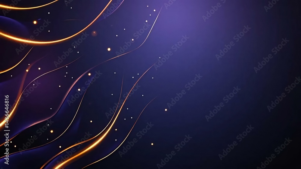 Obraz premium Abstract composition of glowing golden lines and sparkling dots on dark blue