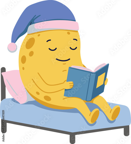 Cute chipmunk character reading book on bed wearing blue sleeping cap relaxing indoors illustration 