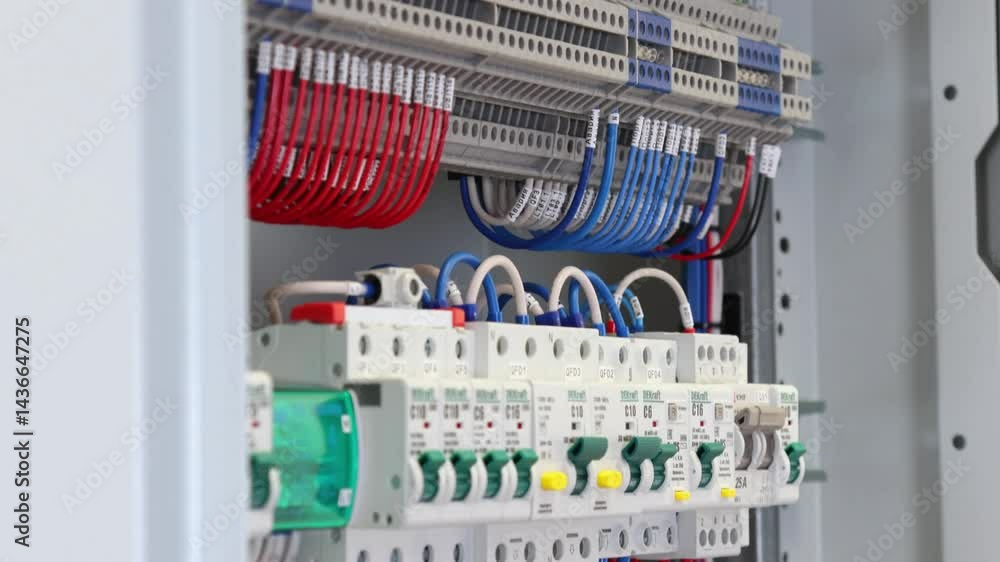 An electric panel in an office space for the organization of power supply and protection of electrical loads. A soft focus. An electric panel in an office space for the organization of power supply and protection of electrical loads. A soft focus.
