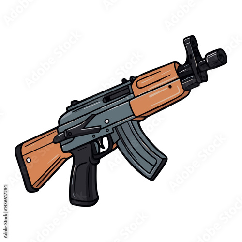 Detailed illustration of a classic assault rifle weapon with wooden stock and gray metal body gun war art army ammo retro