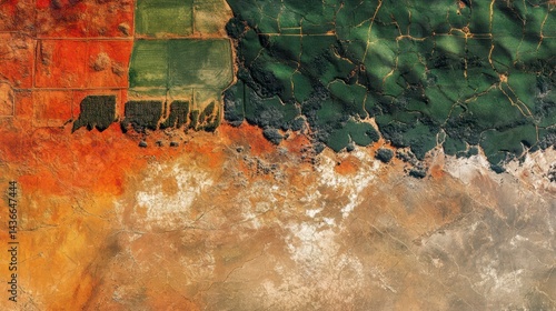 Aerial view of diverse landscape, showing contrasting colors of farmland and barren land.