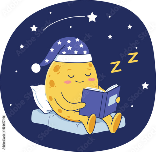 Cute sleeping potato character reading book under starry night sky wearing pajamas vector illustration 