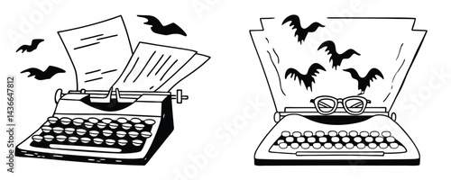 An open typewriter with ghostly pages flying out, shaped like crows mid-flight, glasses