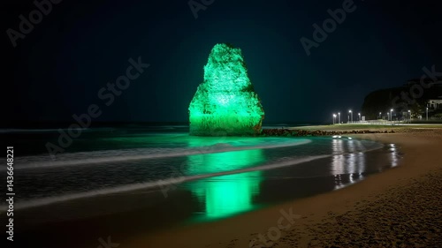 Coastal rock formation illuminated with green light at night on sandy beach with ocean waves washing ashore.