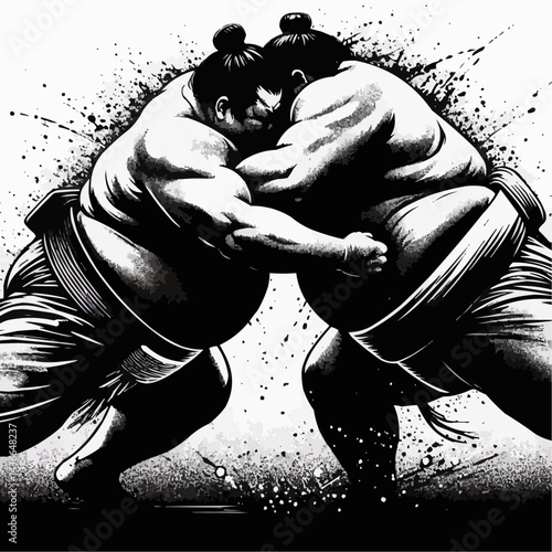 Intense sumo wrestling match between two competitors in black and white 